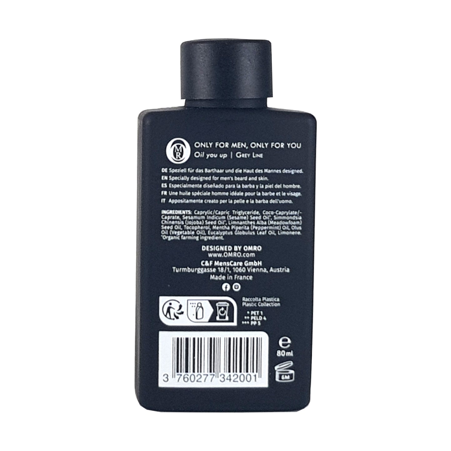 Omro Bartöl vegan, Rückseite mit Inhaltsstoffangabe, Inhaltsangabe, Verwendungsdauer nach dem öffnen und Ensorgungshinweis für die leere Flasche