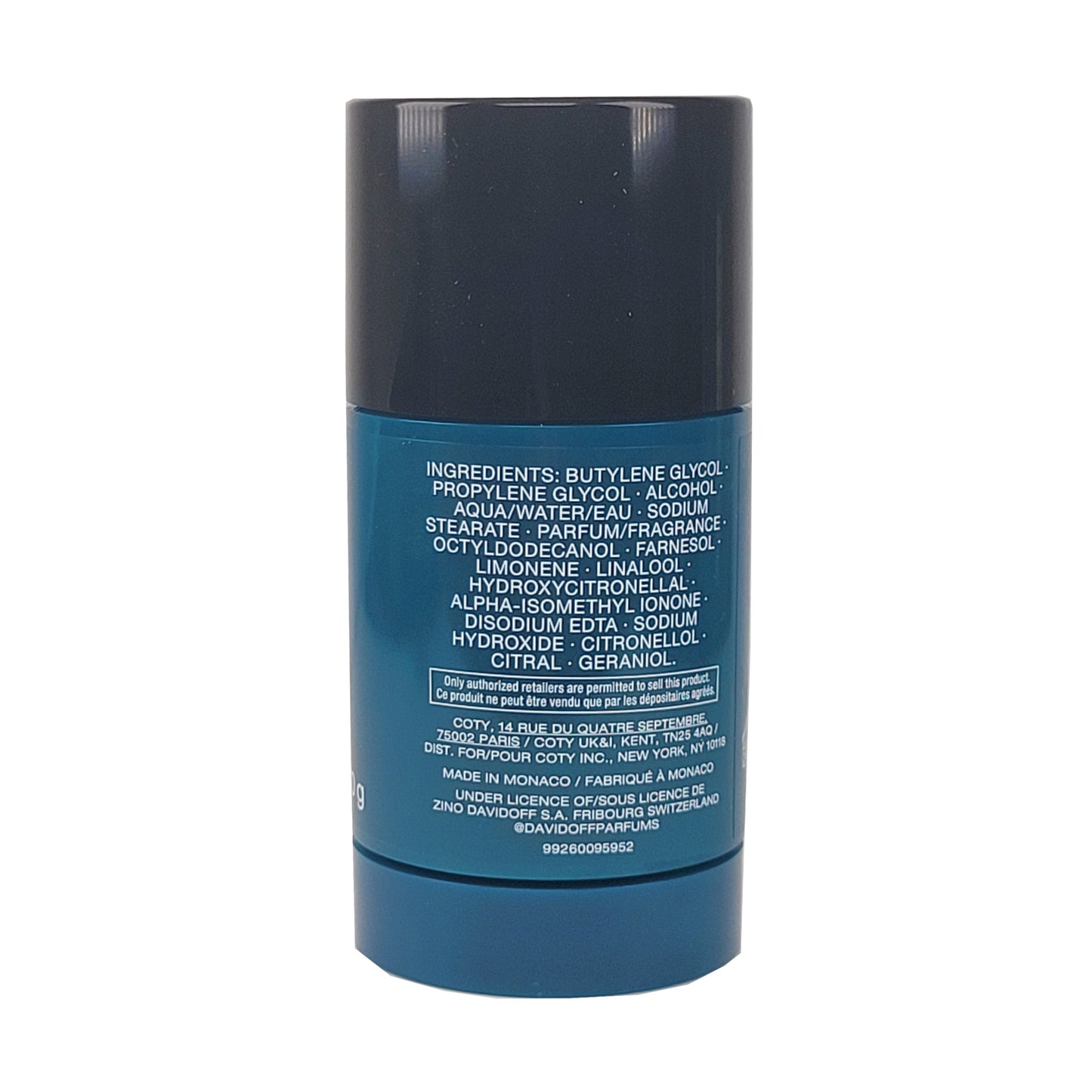 Deostick Cool Water, blauer Kunststoffzylinder mit einem Drehknupf im unteren Bereich; Drehung des Behälters nach rechts, Aufschrift der Inhaltsstoffe und des Herstellers in weißer Schrift auf blauem Grund.