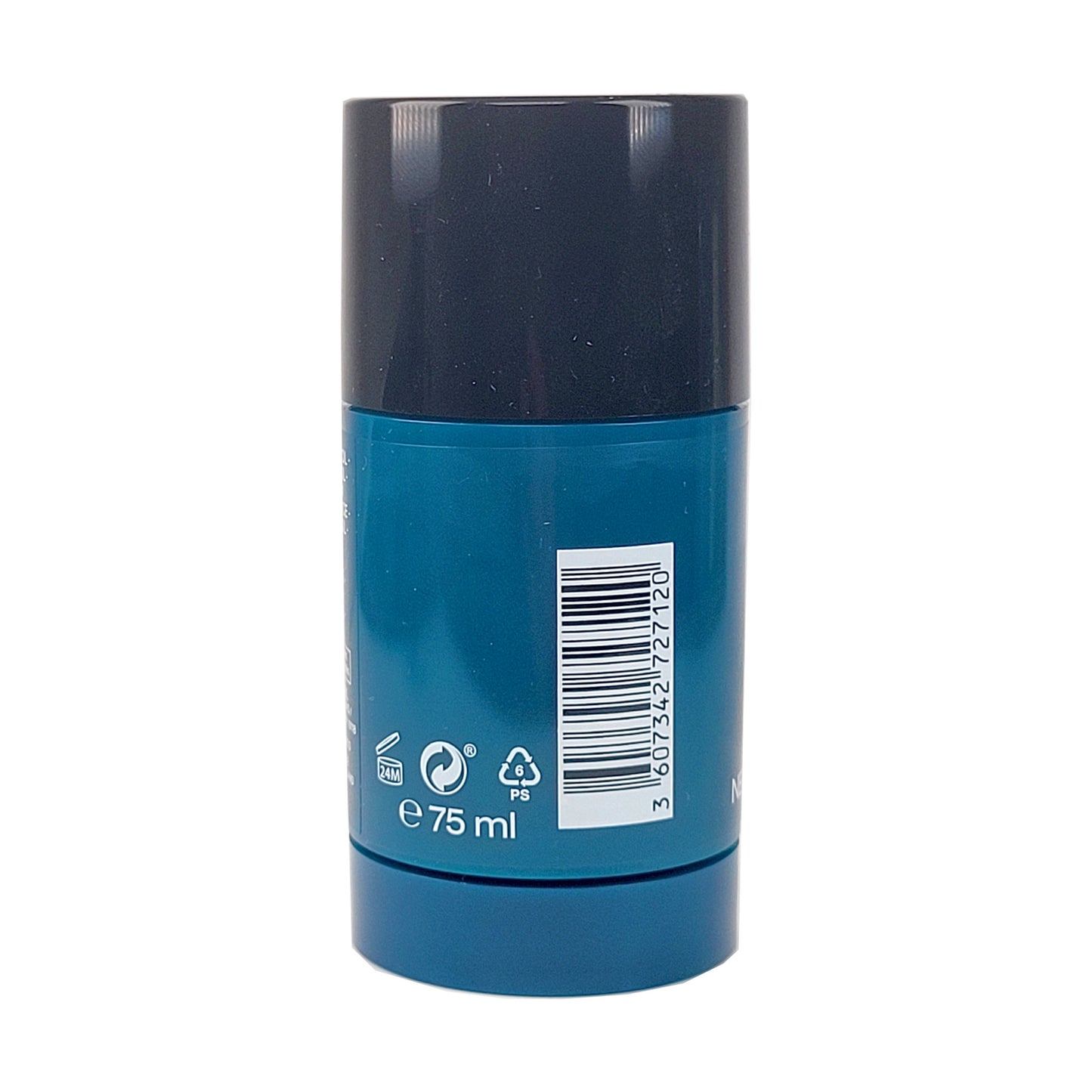 Coolwater Deostick, blauer Zylinder mit Drechknocp am unteren Ende, in weißer Schrift die Angabe zur Haltbarkeit nach dem öffnen (24 Monate), Inhaltsangabe 75ml das Zeichen für Recyceling, sowie ein Barcode mit EAN - Nummer in Schwarz auf weißem Grund
