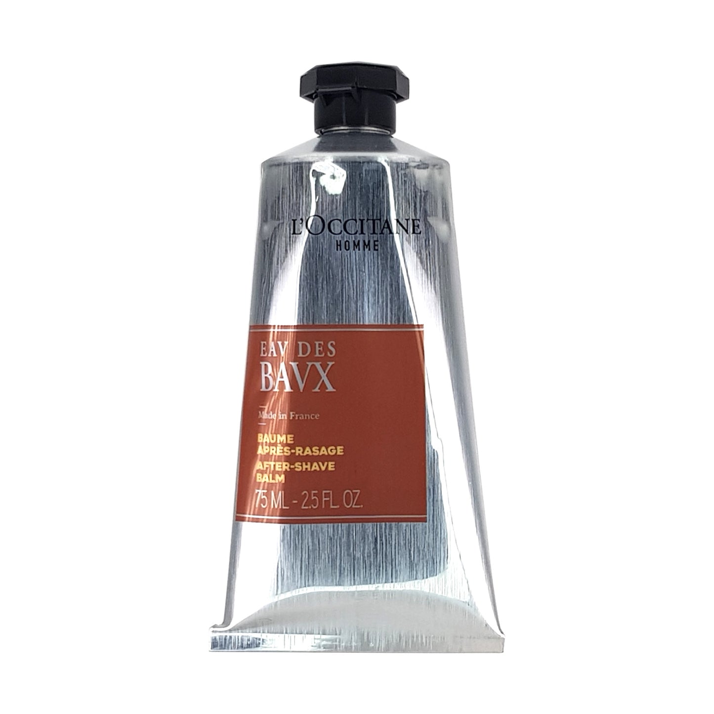Eau de Bau After Shave Balm, Vorderansicht Aluminiumtube, schwarzer Schraubvreschluss Inhaltsangabe 75ml.