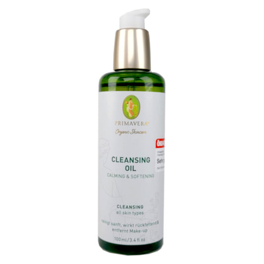Primavera Cleansing Oil, GRnglasflasche mit Pumpkopf, hellgraues Etikett mit grüner Schrift, Inhaltsangabe 100ml, Anwendungshinweise