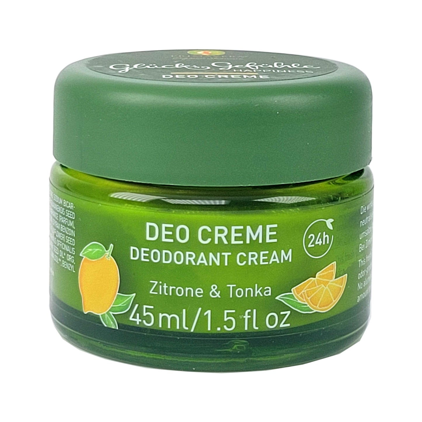 Glücksgefühle Deo-Creme, Vorderansicht, Grünglastiegel mit grünem Schraubverschluss, mit Angabe 24Std. Deoschutz, Duft Zitrone-Tonka, Inhaltsangabe 45ml,
