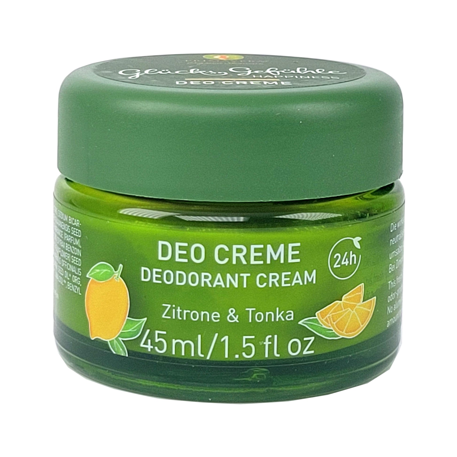 Glücksgefühle Deo-Creme, Vorderansicht, Grünglastiegel mit grünem Schraubverschluss, mit Angabe 24Std. Deoschutz, Duft Zitrone-Tonka, Inhaltsangabe 45ml,