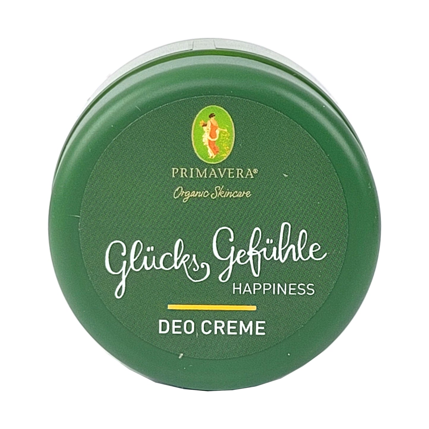 Glücksgefühle Deo-Creme, Sicht von oben, mit weißem Schriftzug auf grünem Grund, Markennamein Bronze und dem Markenemblem von Primavera