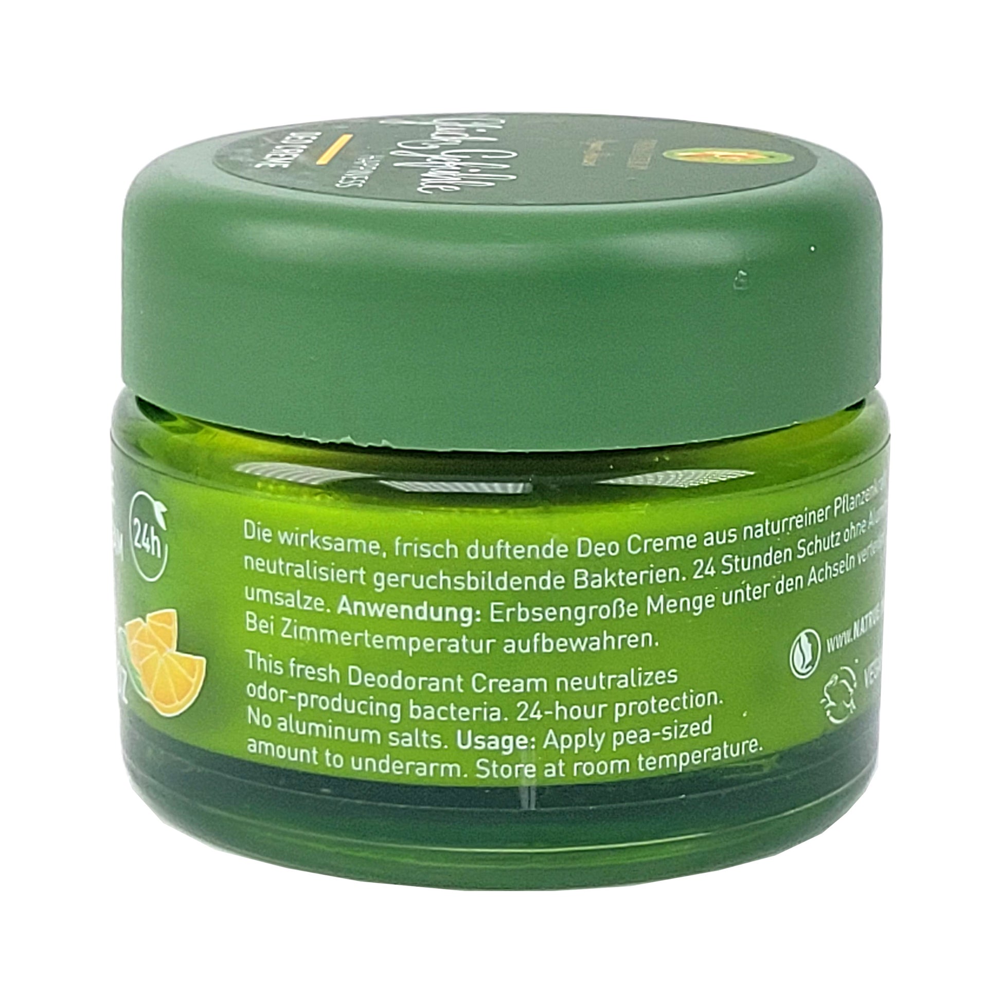 Glücksgefühle Deocreme linke Seitenansichtmit Produktinforation und Anwendungshinweis in weißer Schrift auf grünem Grund