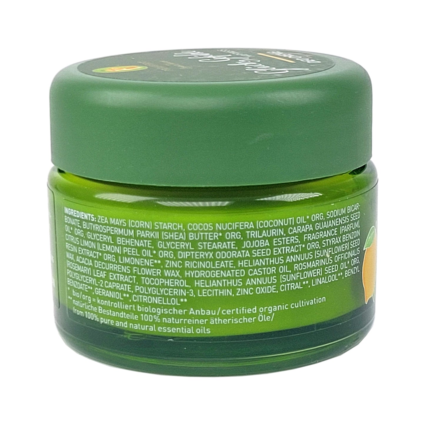 Glücksgefühle Deocreme, rechte Seitenansicht, Inhaltsstoffanagebe in weißer Schrift auf grünem Grund