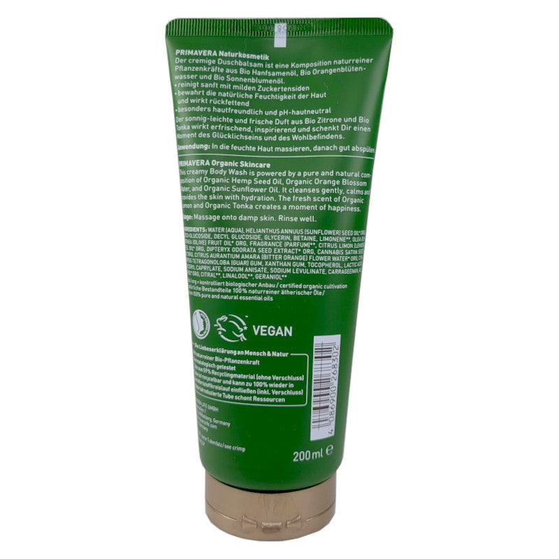 Glücksgefühle Duschbalsam, Rückansicht, Anwendungshinweise und Inhaltsstoffangabe, Qualitätsmerkmale, Menge 200ml in weisser Schrift auf grünem Grund. Bronzefarbener Verschnluss
