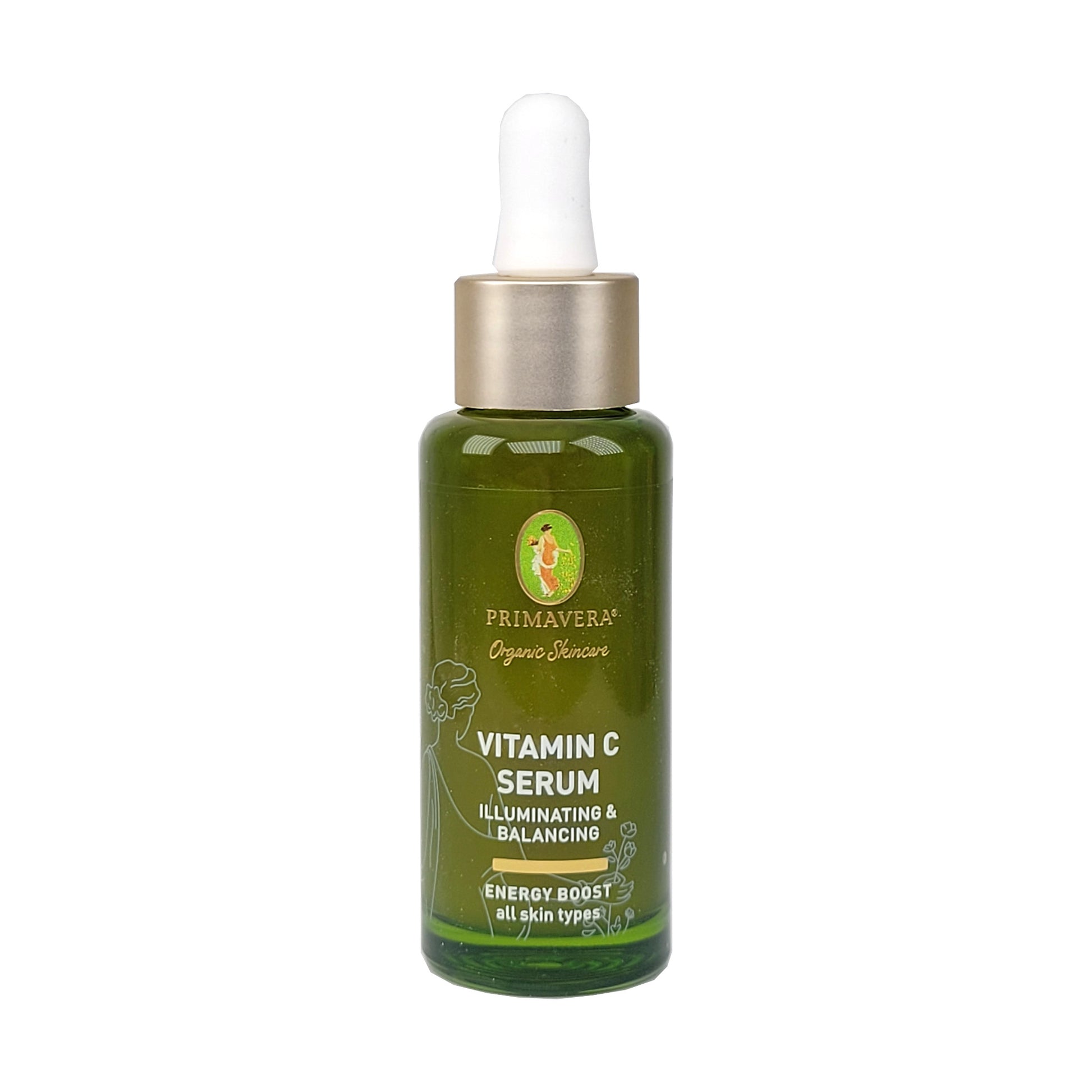 Grünglasflasche mit Artikelbezeichnung, alle Hauttypen, mit Schraubversclhuss inkl. Pipette, Aufschrift Energy Boost, all skin types