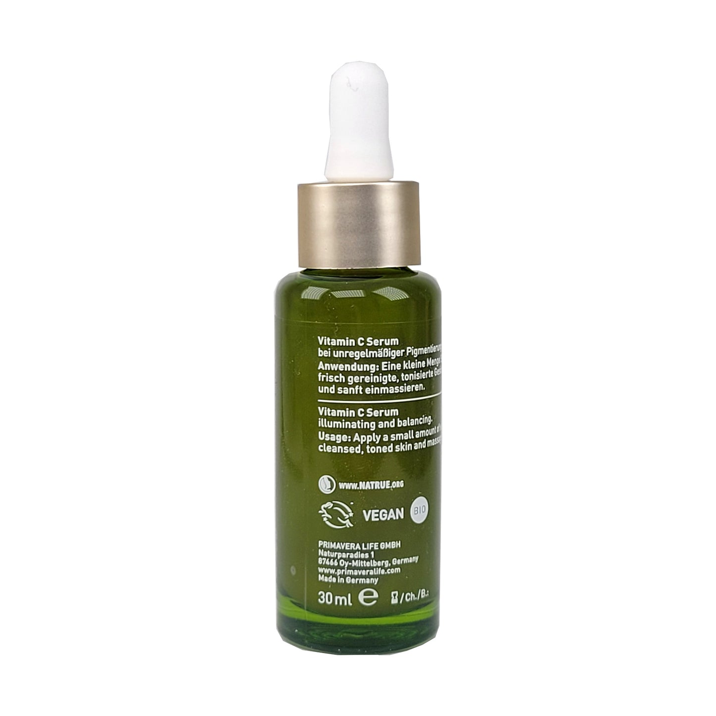 Grünglasflasche mit Schraubversclhuss inkl. Pipette,Linke Seitenansicht, mit Anwendungshinweisen, Qualitätsangaben u. a. bio, vegan, Inhaltsangabe 30ml
