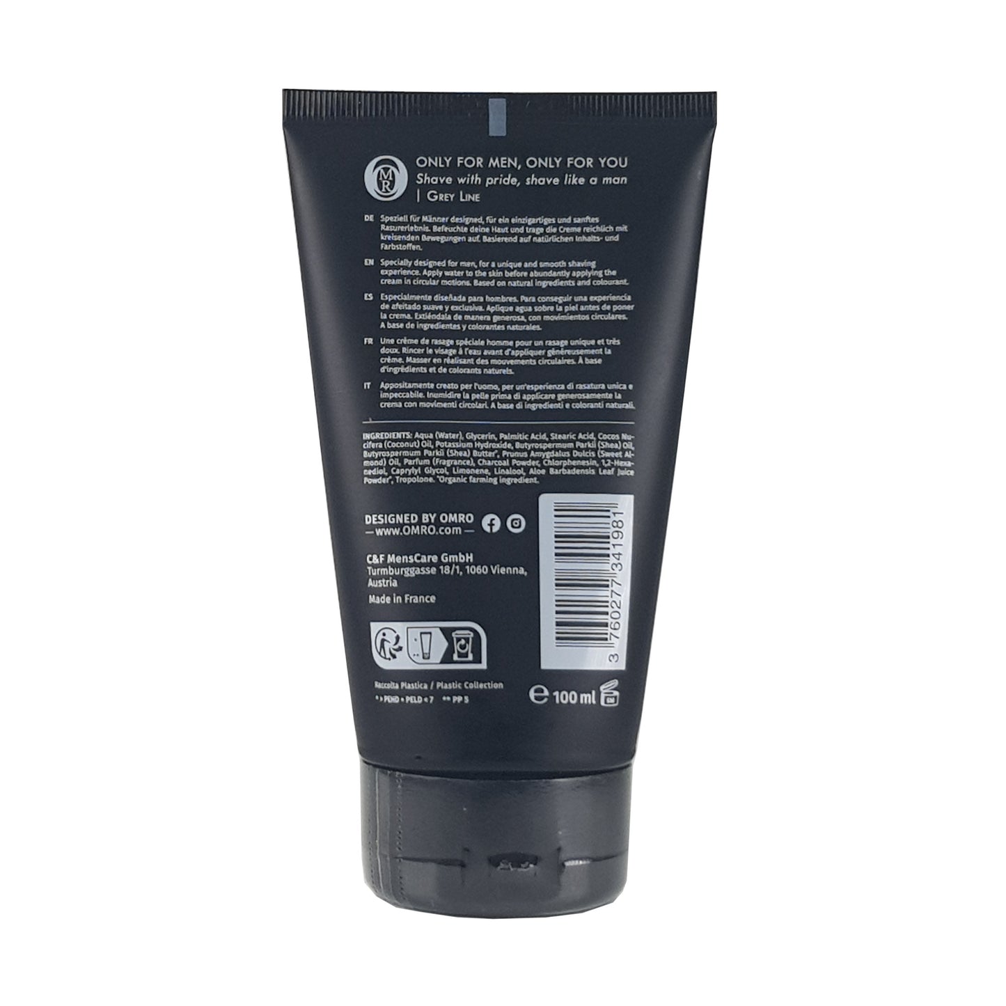 Omro Rasiercreme 100ml, Rückansicht mit Anwendungshinweisen Mehrsprachig, Inhaltsstoffen, Mengenagabe, Verwendungsdauer nach dem Öffnen und Entsorgungshinweise, schwarze Tube auf weißem Grund