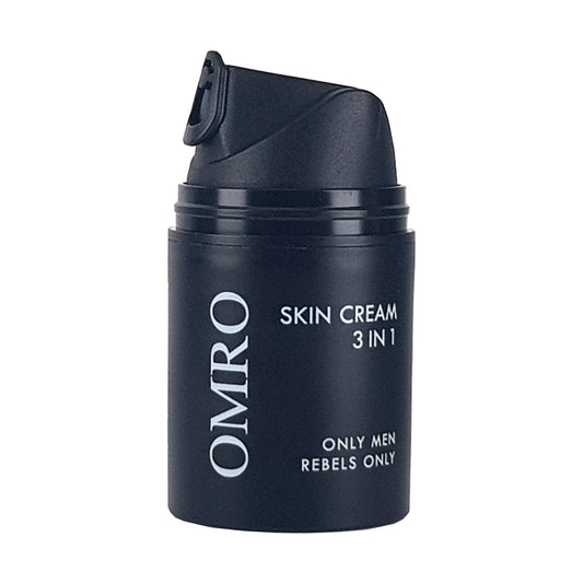 Omro Skin Cream 3 in 1 für Männer, in einem schwarzen Spender, 50ml, Vorderansicht mit weißem Schriftzug,