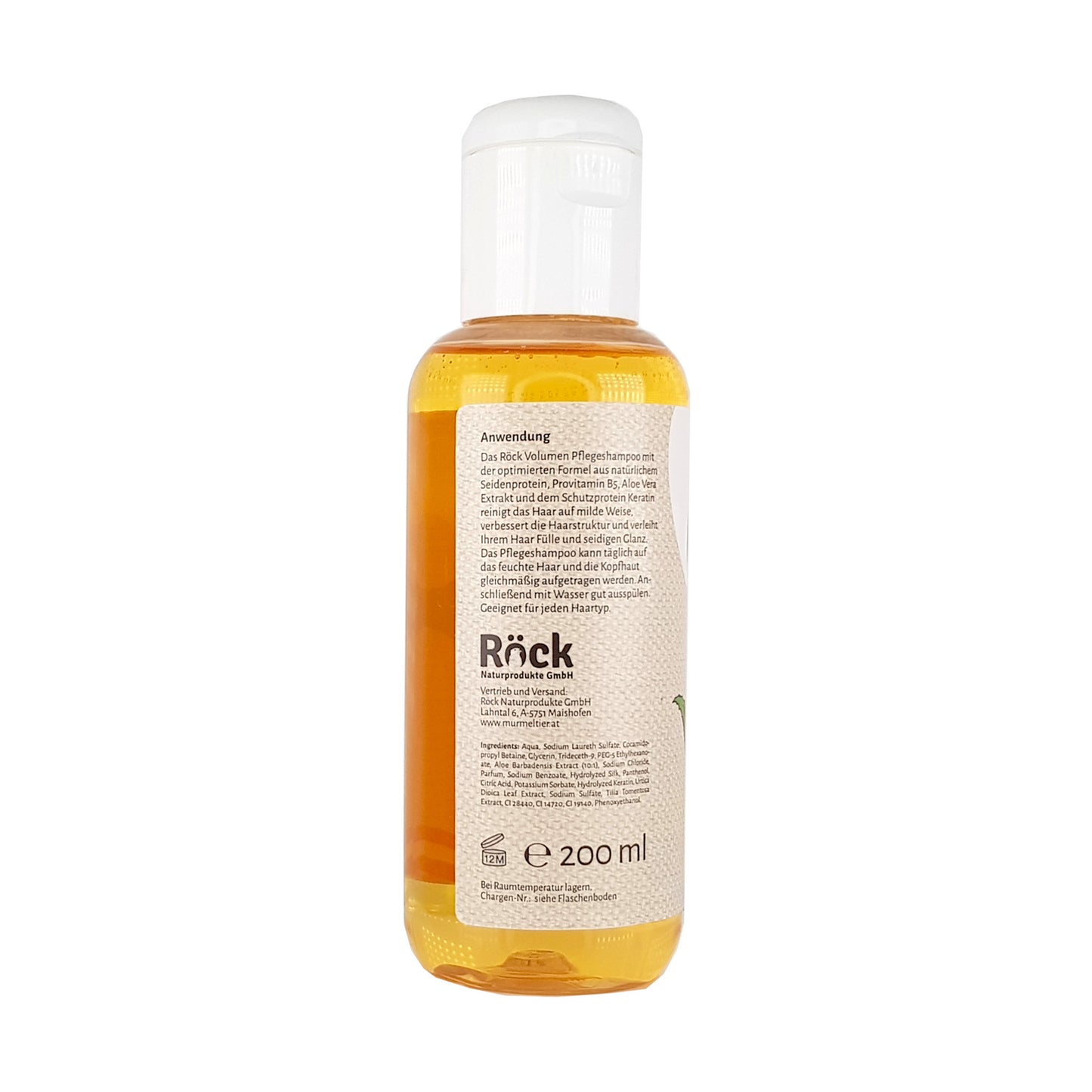 Original Röck Pflegeshampoo, linke Seitenansicht mit Anwendungshinweisen, Inhaltsstoffangabe, Mengenangabe 200ml, Verwendungsdauer nach dem öffnen, klare Flasche mit goldgelben Inhalt auf weißem Grund