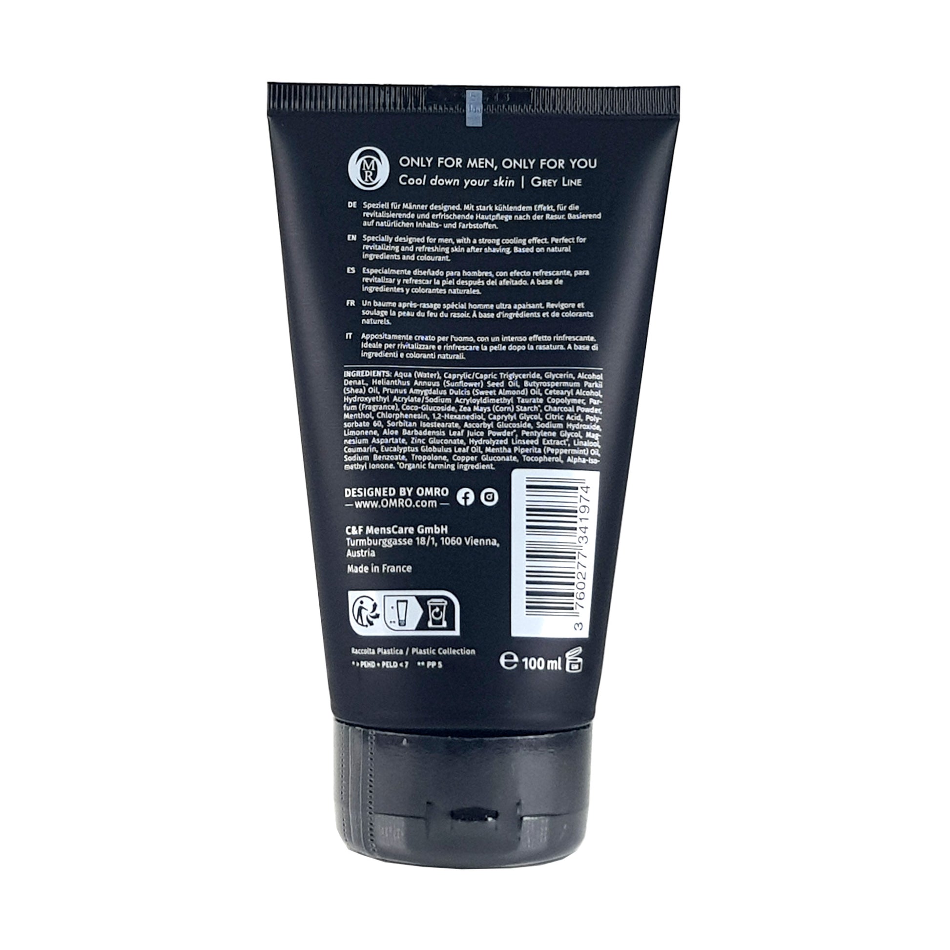 Omro Aftershave Balm, 100ml, Rückseite, mit Anwendungshinweisen Mehrsprachig, Inhaltsstoffangabe, Mengenangabe, Verwendungsdauer nach dem Öffnen, Entsorgunshinweis, schwarze Tube auf weißem Grund