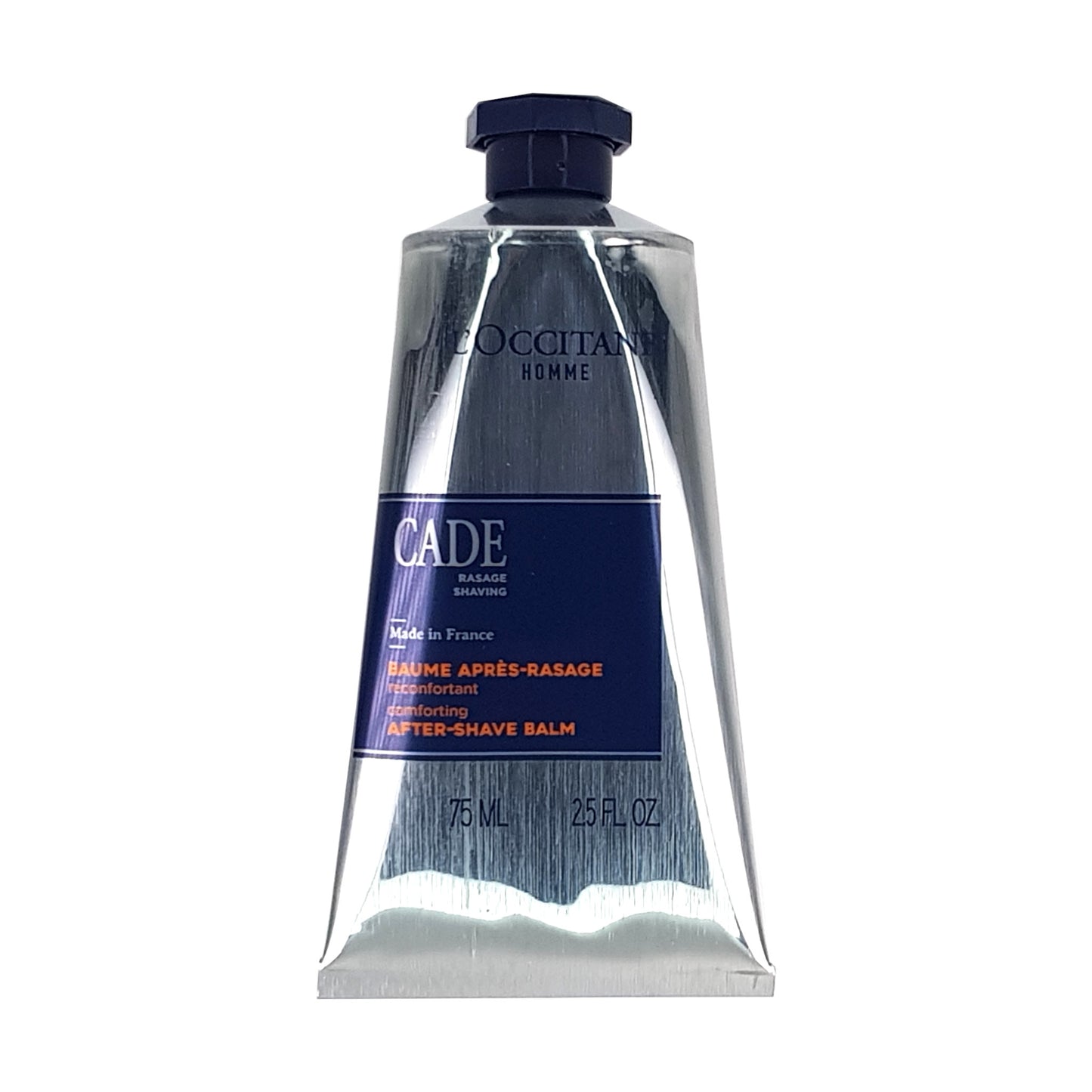 Cade After Shave Balm 75ml, Vorderansicht der Aluminiumtube mit Inhaltsangabe, blauer Schraubverschluss