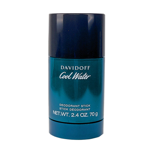 Cool Water Deostick; blauer Kunststoffbehälter mit einem Drehknopf im unteren Bereich und einer schwarzen Kappe. Aufschrift in weiß mit dem Marke Davidoff, der Produktbezeichnung Coolwater sowie Art des Produktes Deodorant Stick und Inhaltsangabe 70g