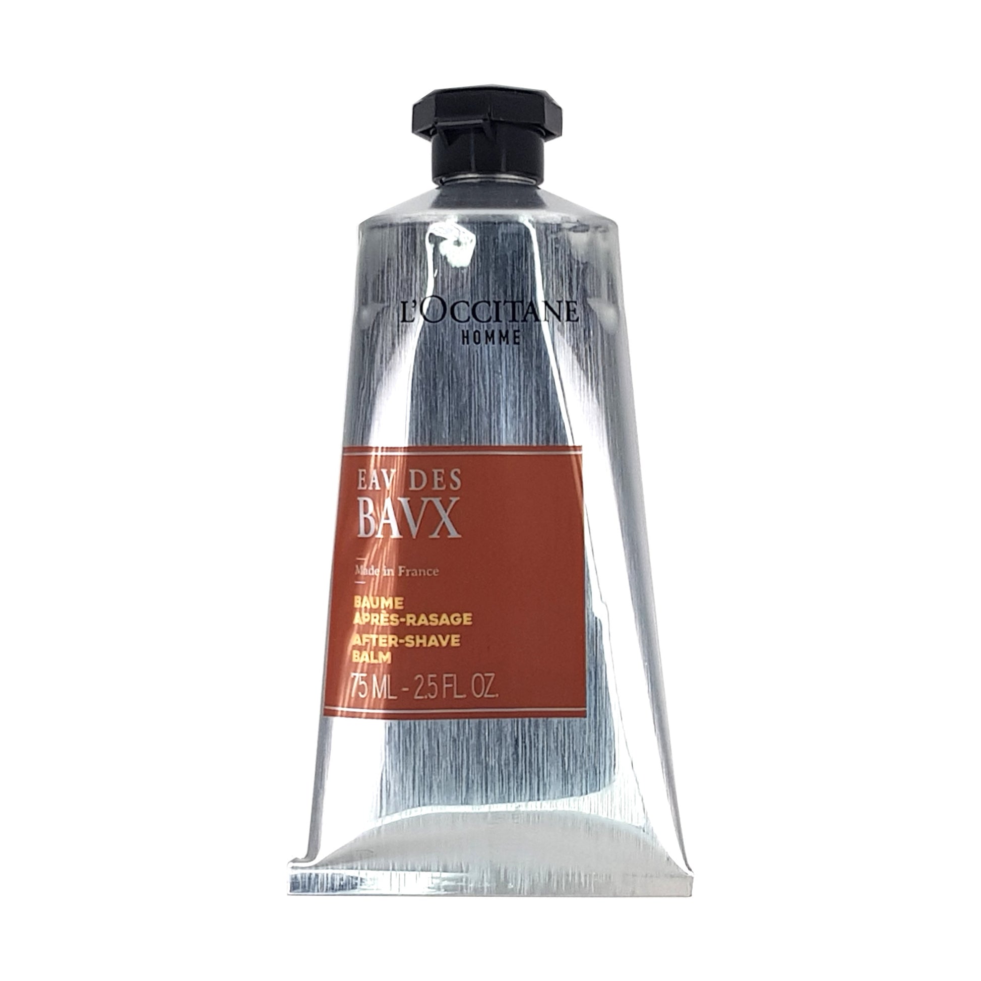 Eau de Bau After Shave Balm, Vorderansicht Aluminiumtube, schwarzer Schraubvreschluss Inhaltsangabe 75ml.