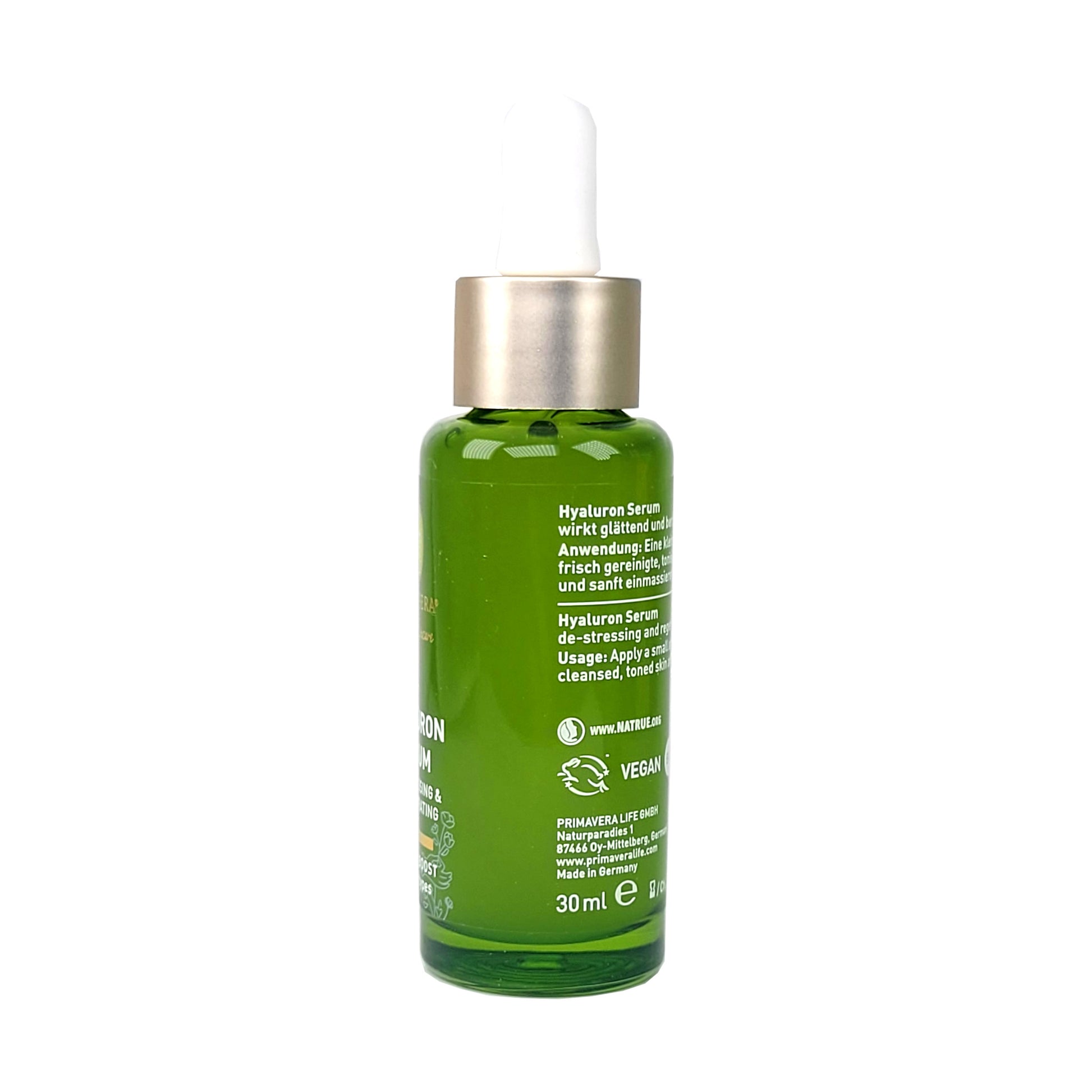Grünglasflasche, Schraubverschluss mit integrierter Pipette, lrechte Seitenansicht, Mit anwendungshinweisen, Qualitätshinweis vegan, tierversuchsfrei, Inhaltsangabe 30ml in weißer Schrift auf grünem Grund