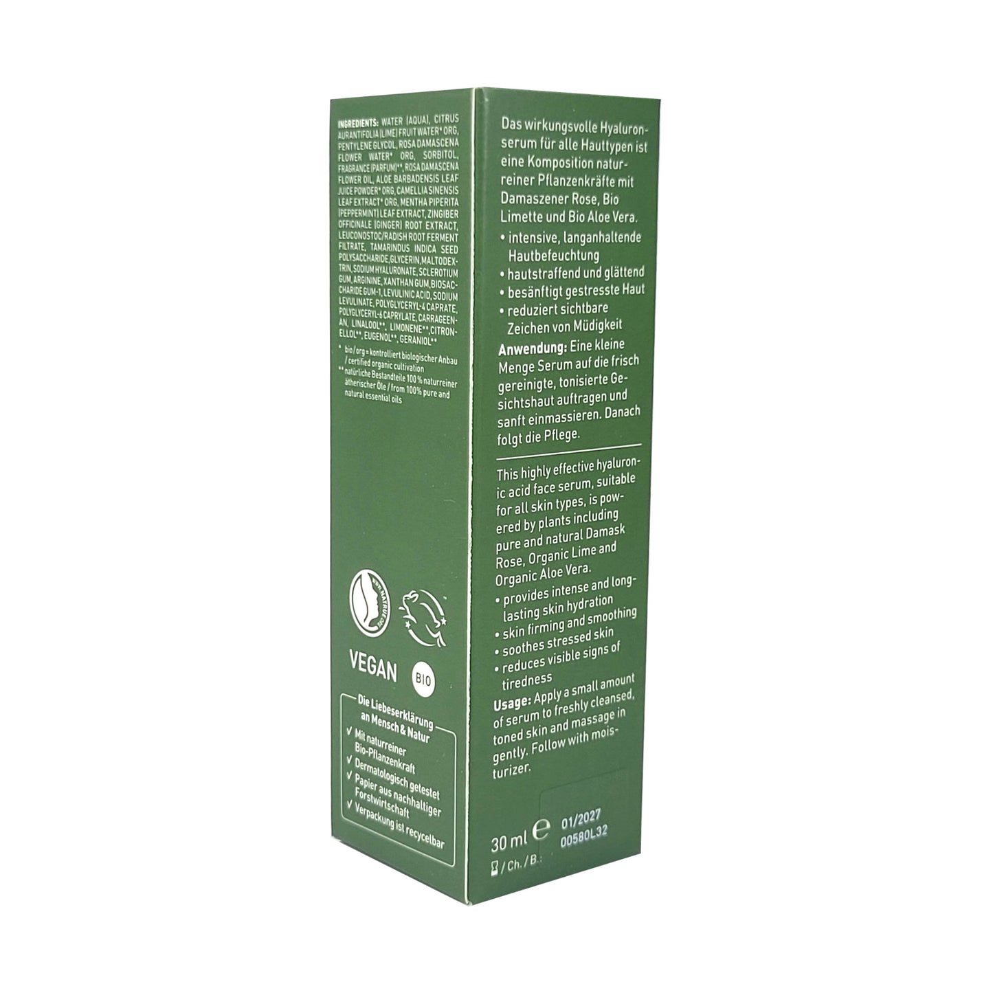 Umverpackung mir rechter Seitenansicht, Inhaltsstoffangabe und Quallitätshinweise bio, vegan, tierveruchsfreundlich in weißer Schrift auf grünem Grrund, Rückansicht mit Anwendungshinweisen und wirsamen Inhaltsstoffen in weisser Schrift auf grünem Grund