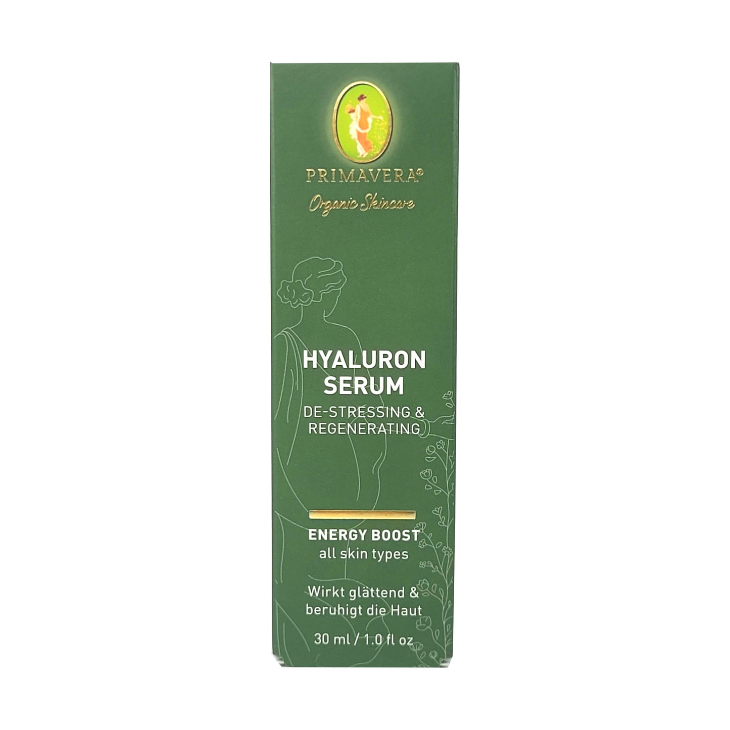 Umverpackung Vorderansicht,grüne Grundfarbe mit Produktname, Hauttyp all skin types, und Wirkhinweise glättend und beruhigend in weißer Schrift, Inhaltsangabe 30ml