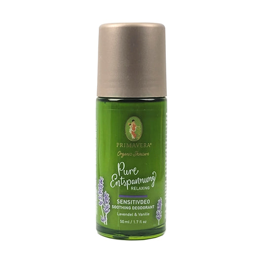 Deoroller, Grünglas mit Bronzefarbener Verschlusskappe, Vorderansicht, Artikelbezeichnung in weißer Schrift, Duftrichtung Lavendel-Vanille, Inhaltsangabe 50ml