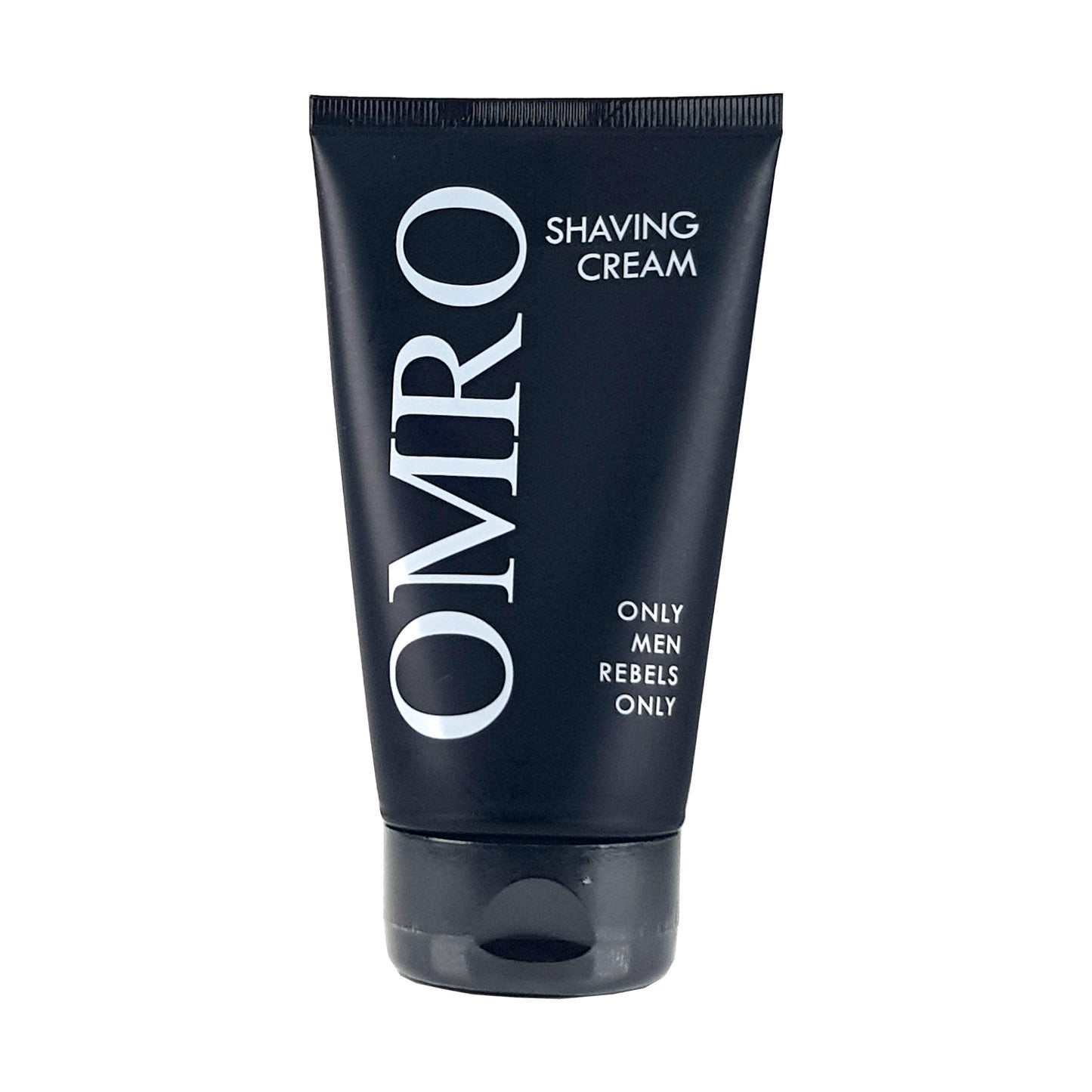 Omro Rasiercreme, 100ml, schwarze Tube mit weißem Schriftzug, Vorderansicht, 