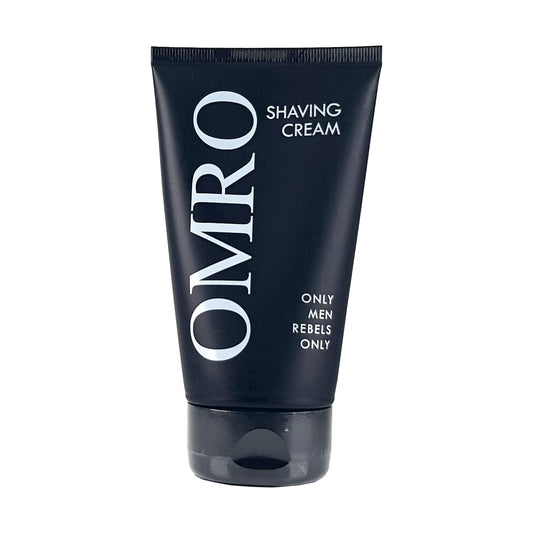 Omro Rasiercreme, 100ml, schwarze Tube mit weißem Schriftzug, Vorderansicht, 