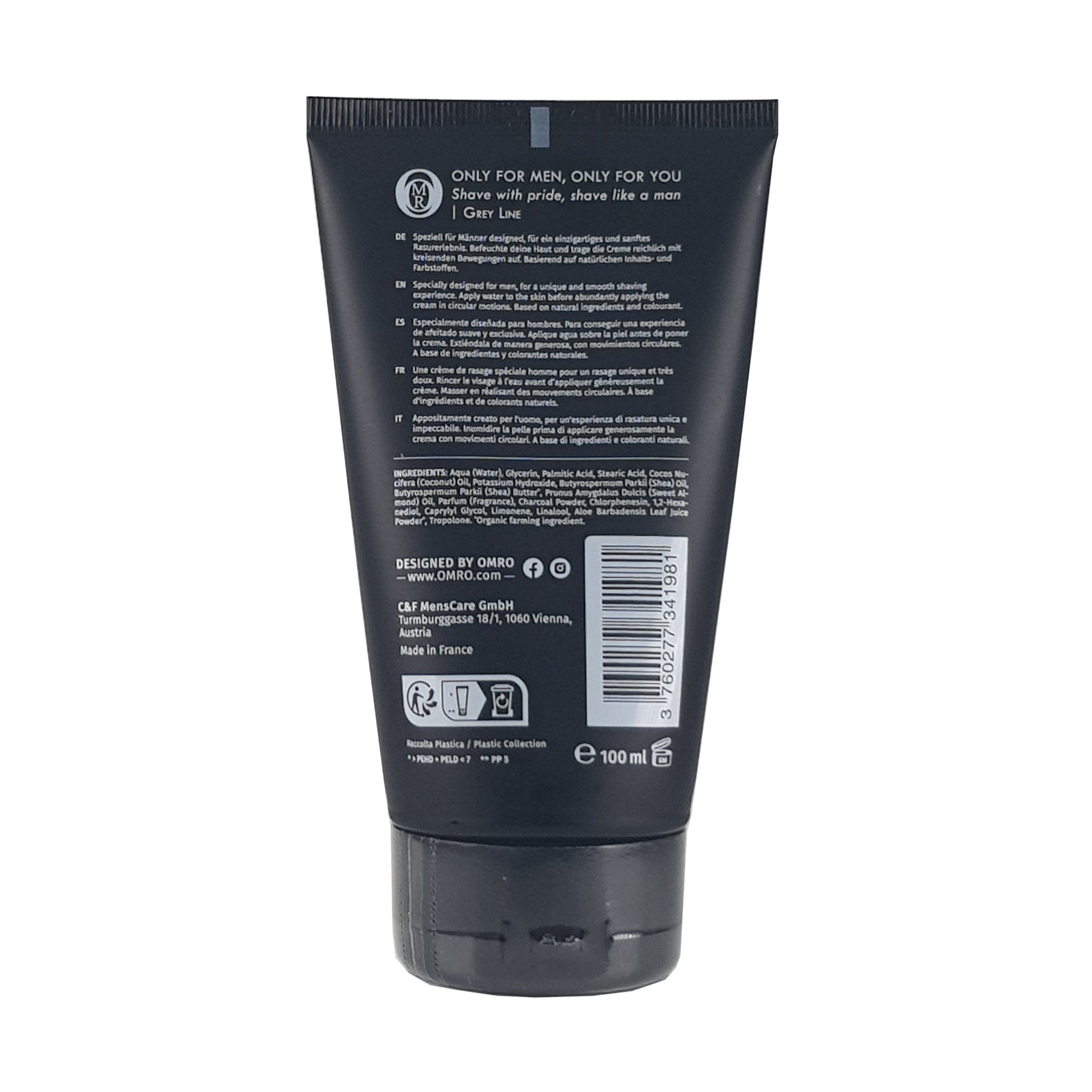 Omro Rasiercreme 100ml, Rückansicht mit Anwendungshinweisen Mehrsprachig, Inhaltsstoffen, Mengenagabe, Verwendungsdauer nach dem Öffnen und Entsorgungshinweise, schwarze Tube auf weißem Grund