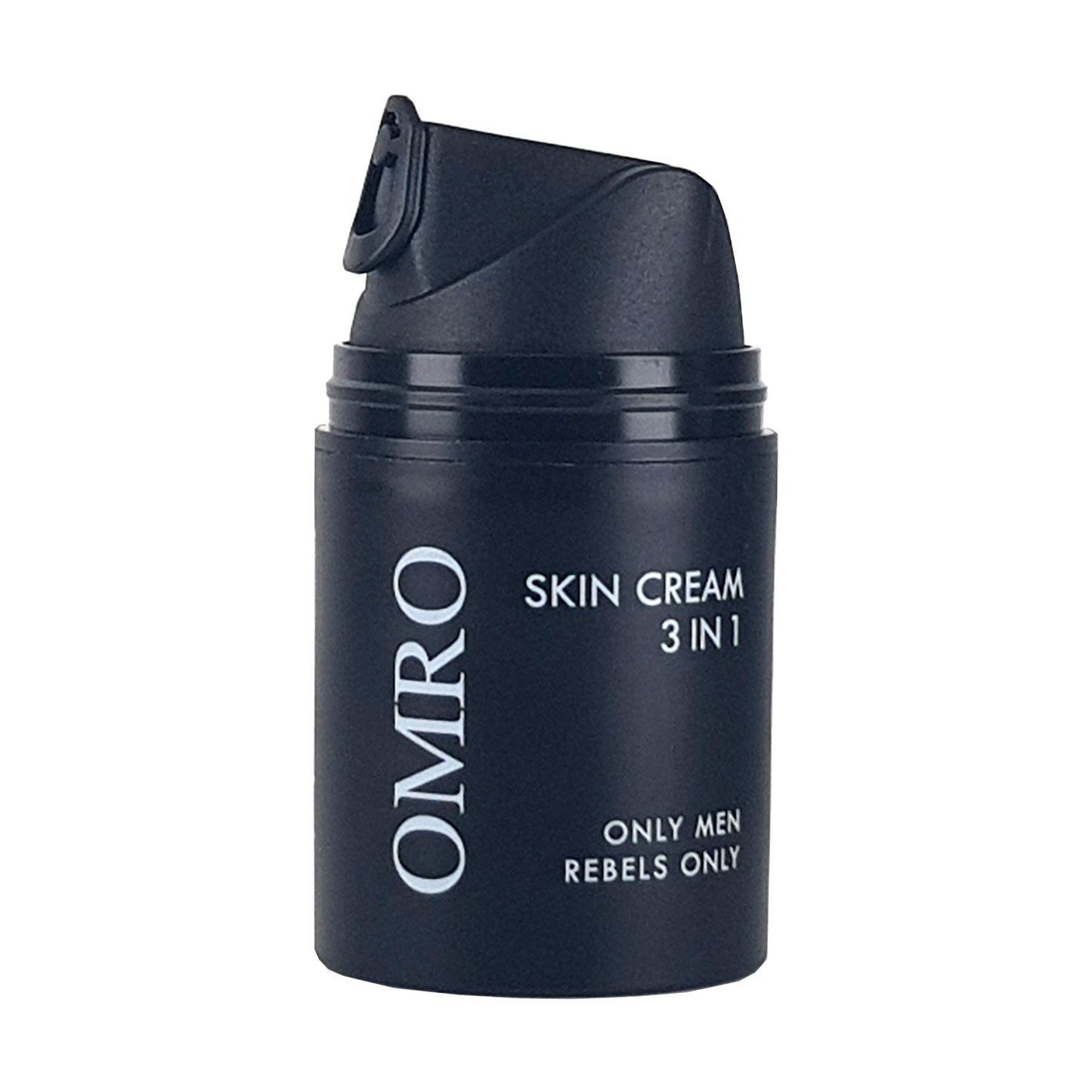 Omro Skin Cream 3 in 1 für Männer, in einem schwarzen Spender, 50ml, Vorderansicht mit weißem Schriftzug, 