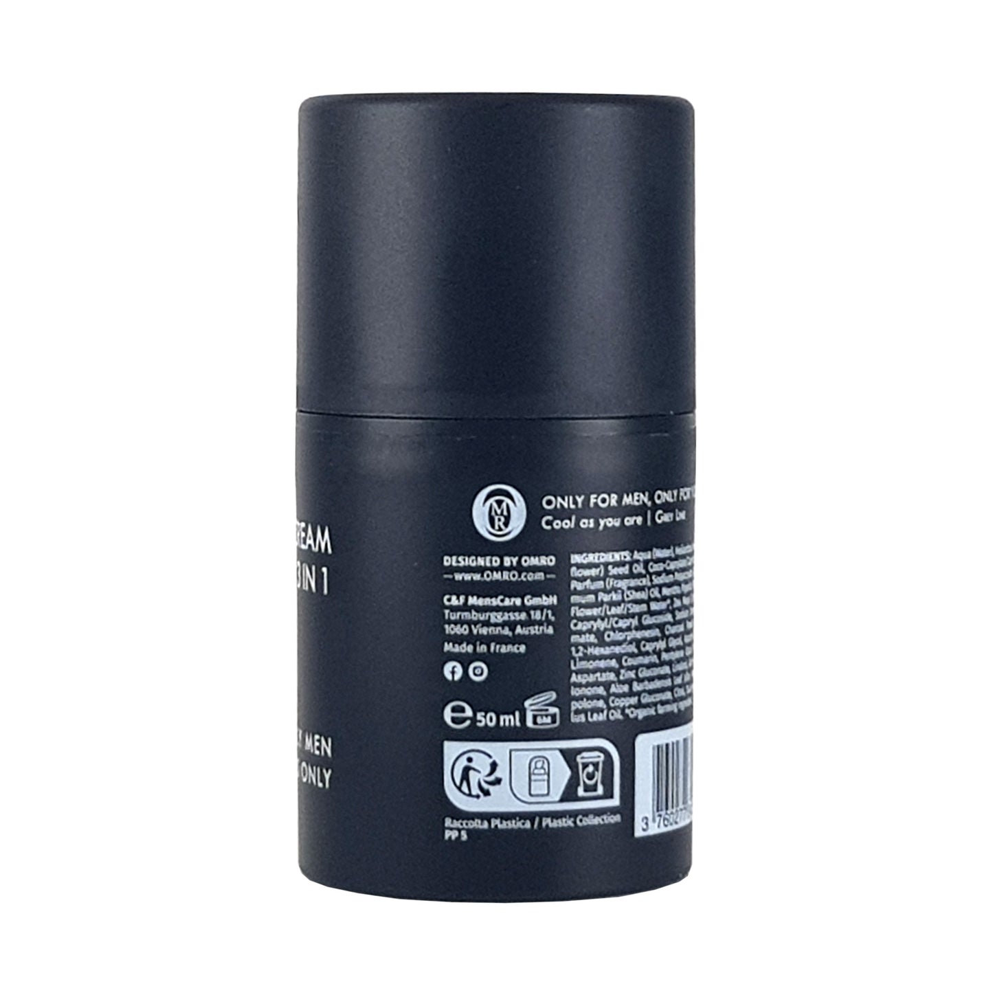 Omro Skin Cream 3in1, rechte Seitenansicht mit Menganangabe 50ml, und Verwendungsdauer nach dem öffnen, sowie Entsorungshinweise