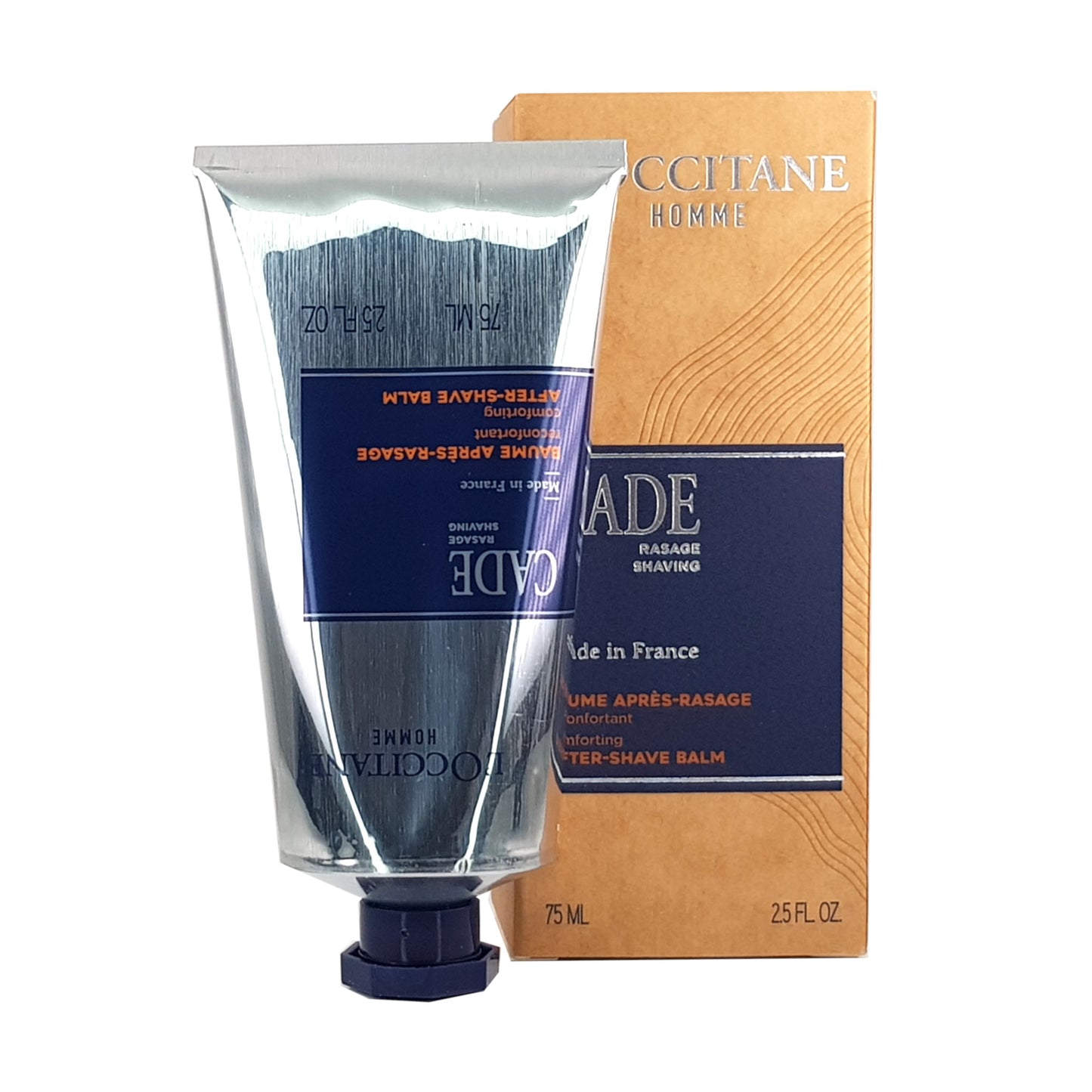 Cade After Shave Balm 75ml, Vorderansicht der Aluminiumtube und Umverpackung, mit Inhaltsangabe 75ml