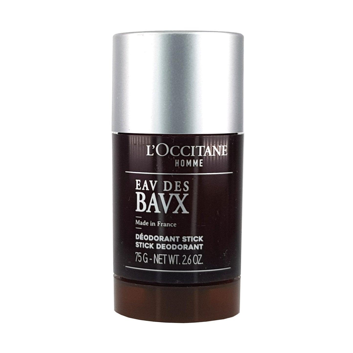 L'Occitane Eau de Baux Deodorantstick, Vorderansicht, glänzend-braune Dose mit Drehelement, mit einer Silberfarbenen Kappe verschlossen, Inhaltsangabe 75G